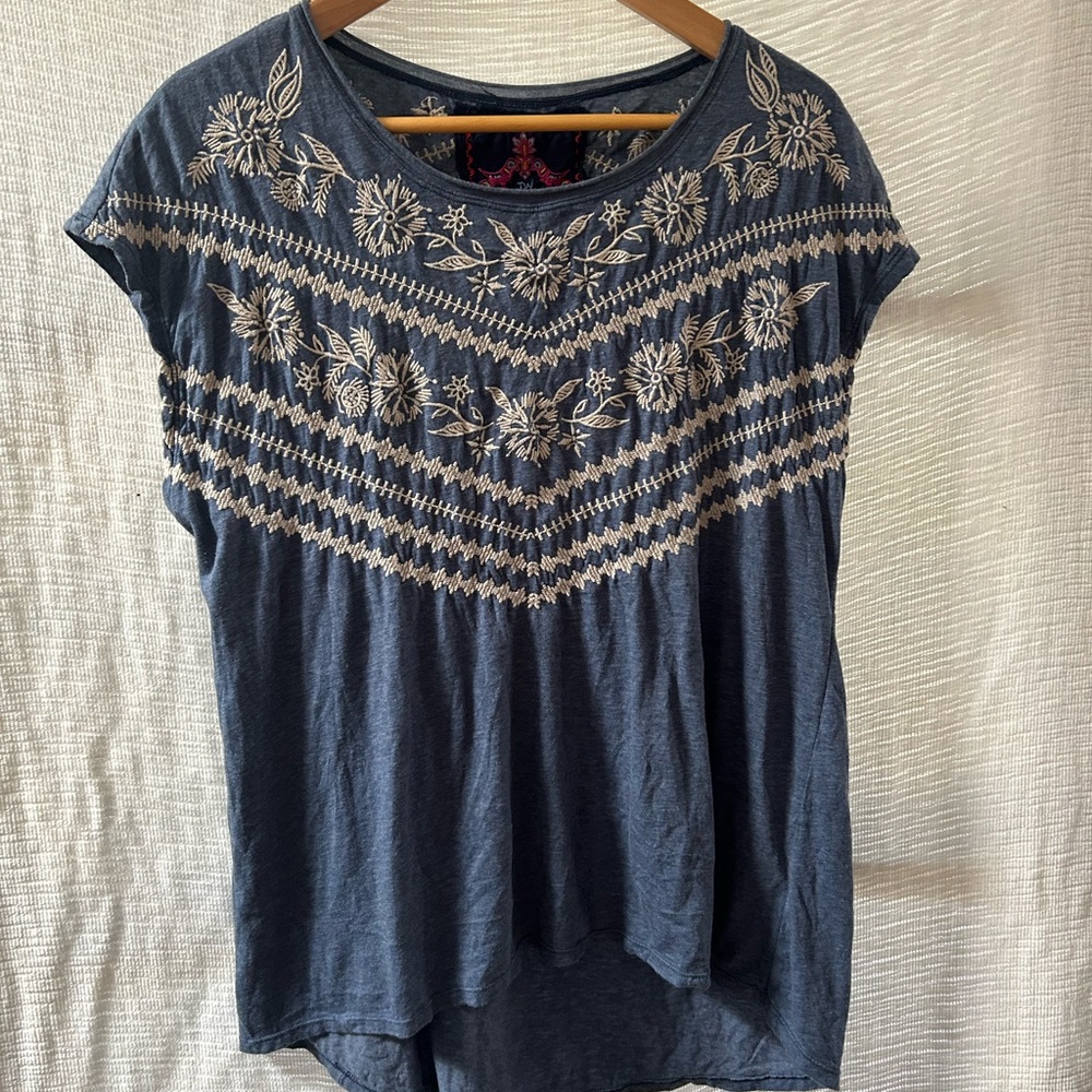 Embroidered Blue Women's Top, Cap Sleeve